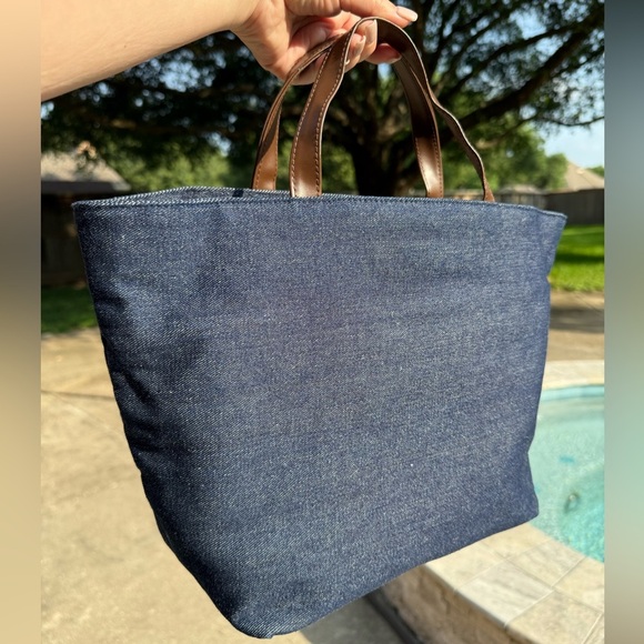Neiman Marcus Blue Denim Tote with Brown Handles and Embroidered Brand NWOT - Picture 5 of 9